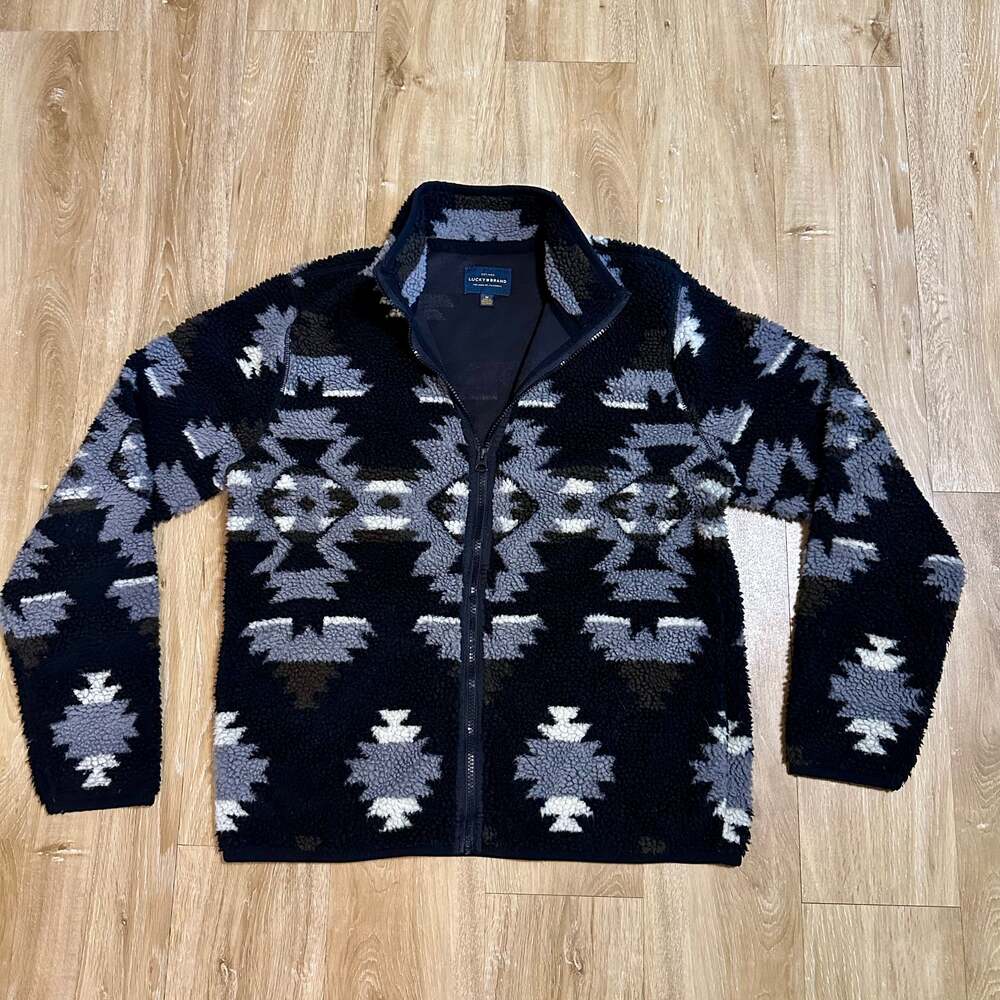 Lucky Brand Aztec Holiday Sherpa Full Zip Grey Jacket size M